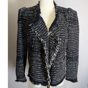 IRO Paris Black White Tweed Jacket Fringe Trim Open Front Bouclé Size 38